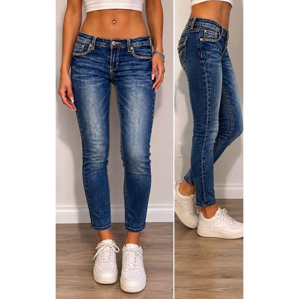 Revolt Y2K Low Rise Skinny Jeans Womens Size 12 Blue Faded Embroidered